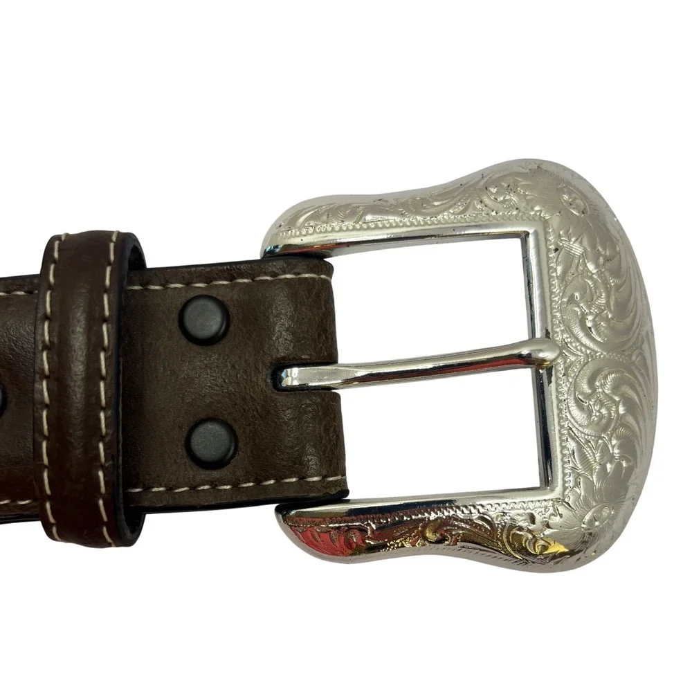Mens Two Tone Leather Western Belt Black Brown Silver Engraved Buckle Concho